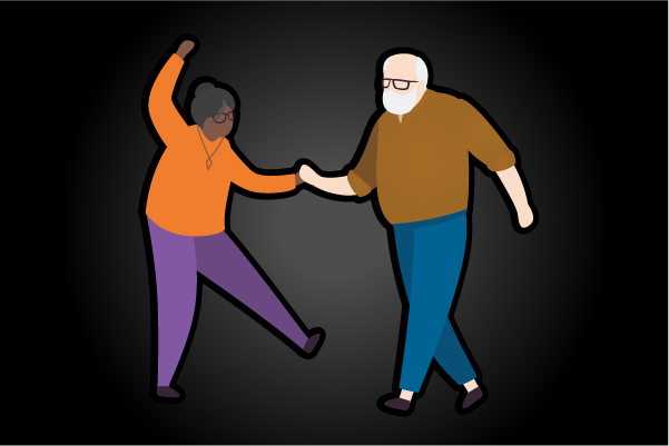 Black background with graphic of two pensioners dancing.